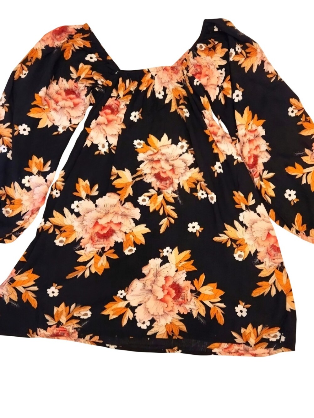 Billabong‎ Black Floral Long Sleeve Mini Dress Size M Autumn Blooms Boho EUC